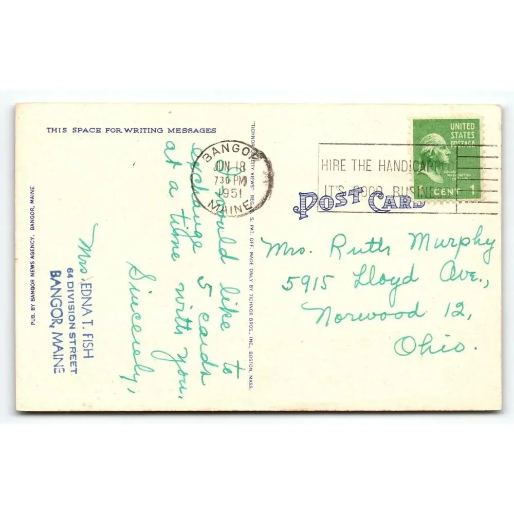 Greetings From Bangor Maine 1950's Large Letter Postcard Linen Vintage 1951